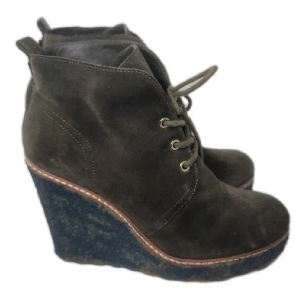 Tory Burch Vicki Wedge Platform Ankle Booties Size 7 Olive Green Suede Gum Sole